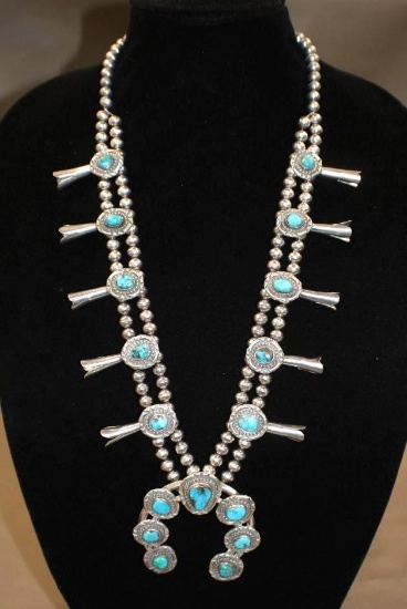 Unmarked Silver and Turquoise Squash Blossom Necklace