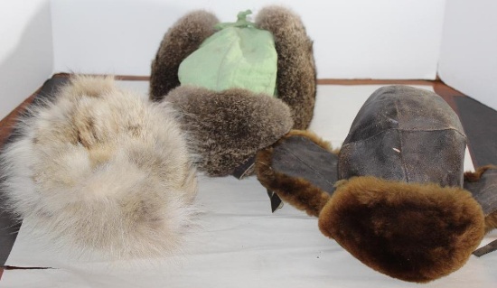 Three Older Fur and Leather Hats