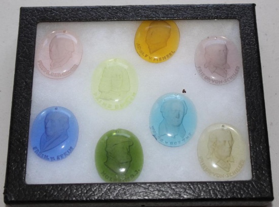 Eight Etched German Glass Badges