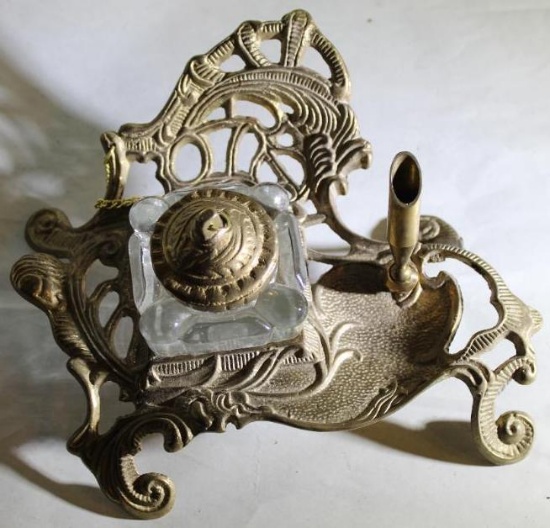 Brass Fountain Pen Stand with Ink Well