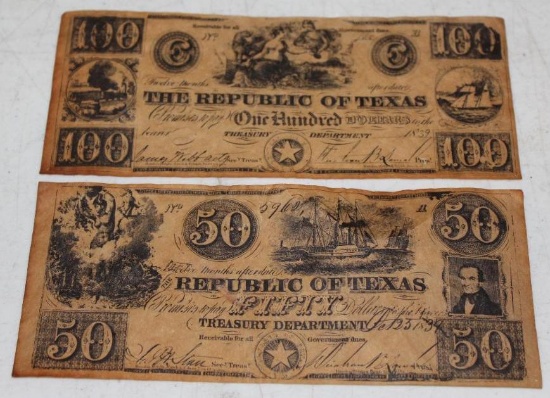 Republic of Texas 100 and 50 Dollar Bills 1839