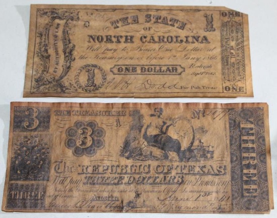 The State of North Carolina and The Republic of Texas 1 and 3 Dollar Bills