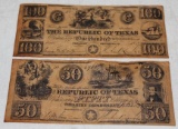 Republic of Texas 100 and 50 Dollar Bills 1839