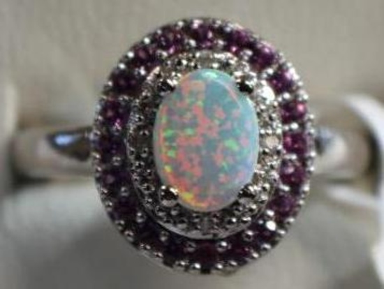 Opal and Pink Sapphire Sterling Silver Ring