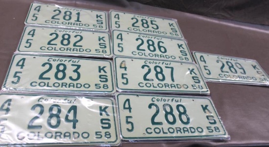 Nine Sets of Sequential Order 1958 Colorado Plates