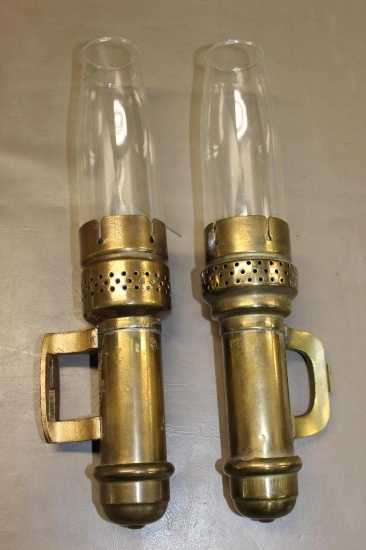 Pair of Unmarked Brass Railroad Candlesticks with Pyrex Globes