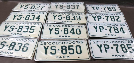 12 Sets of Colorado Farm License Plates from 1965 and 1969