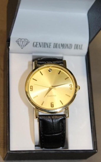 Genuine Diamond Dial Watch with Leather Band