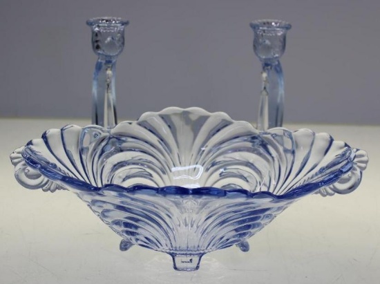 Beautiful Clear Blue Glass Bowl and Candle Holders