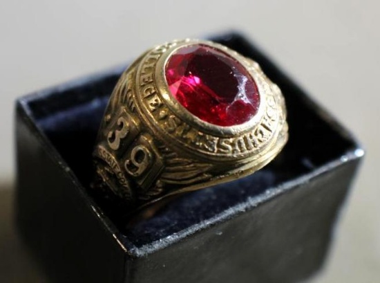 Large 10K Gold Class Ring with Cut Red Gemstone