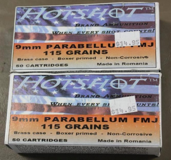 100 Cartridges Hotshot 9mm Parabellum FMJ Ammunition
