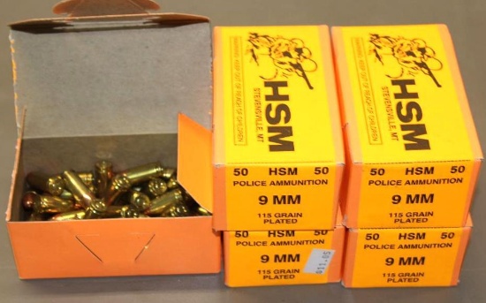 Four New and One Open Box HSM 9mm Police Ammunition