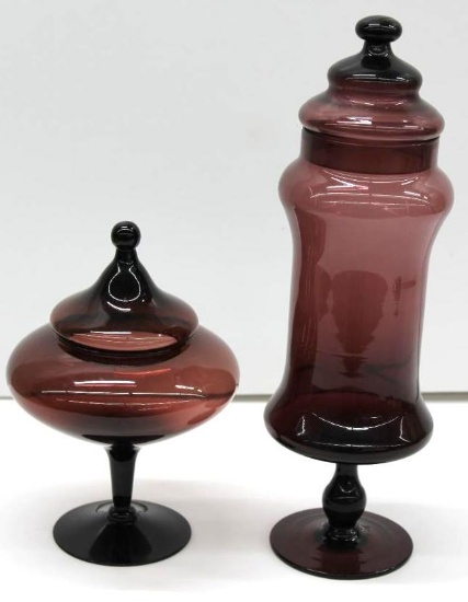 Pair of Handmade Amethyst Glass Pedestal Vessels with Lids