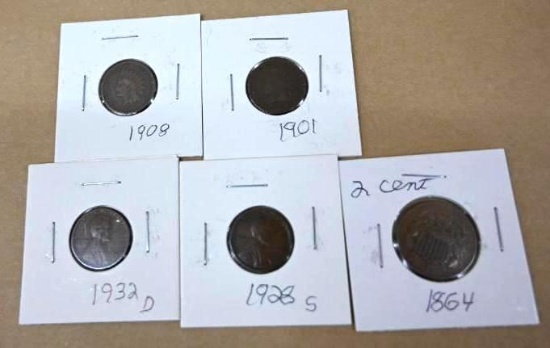 1901, 1908, 1932 D & 1928 S Cent Coins