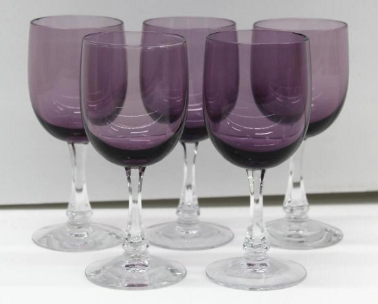 Set of 5 Purple and Clear Glass Stemware Schnapps or Brandy Glasses