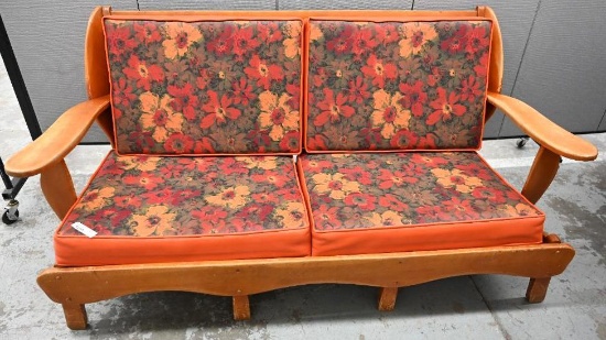 Vintage Orange Floral Couch with Wood Frame