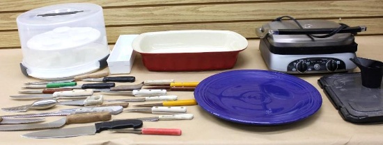 Variety of Cutlery, Fiesta Ware Platter, and More Kitchen Goods
