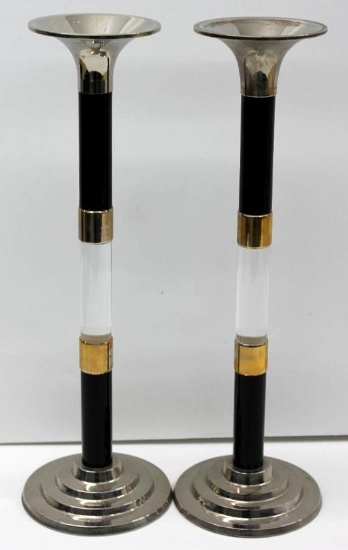 Pair of Silver & Gold-Plated Art Deco Candlesticks