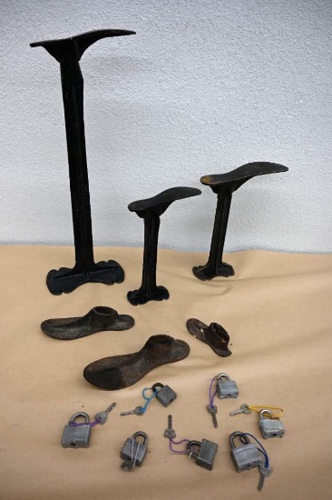 Antique Iron Shoe Lasts with Seven Padlocks