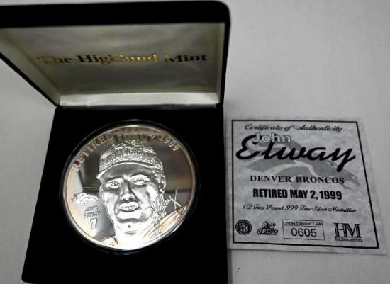 John Elway Highland Mint Half Troy Pound .999 Silver Medallion