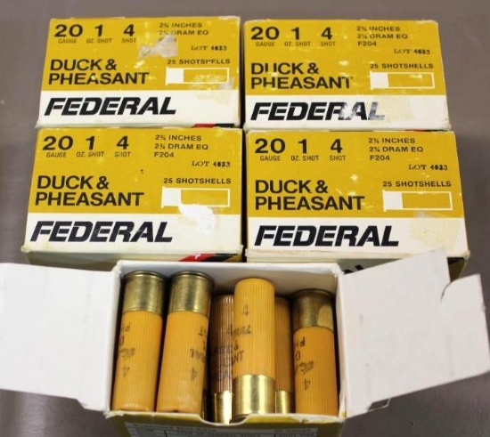 123 Cartridges Federal 20 Gauge 4 Shot Shotgun Ammunition