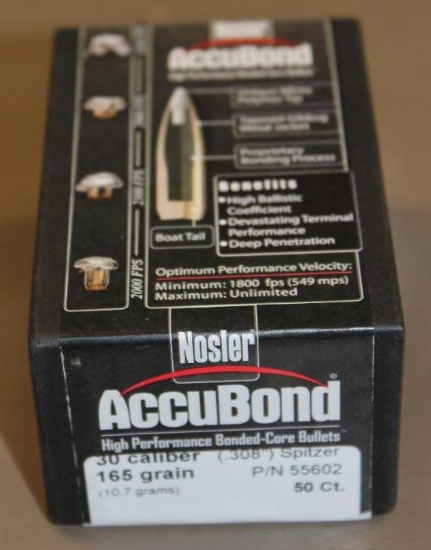 Box of 50 Nosler AccuBond 30 Cal High Performance Spitzer Bullets for Reloading