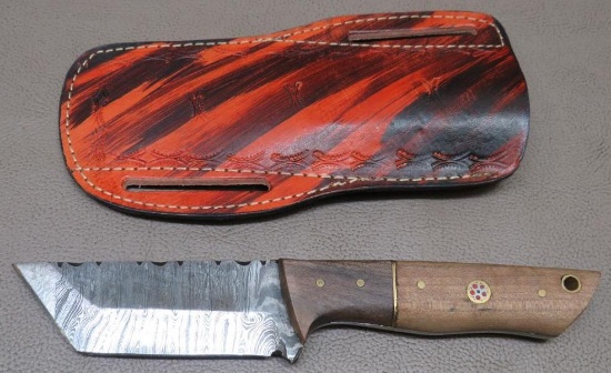 Damscus Pattern Tanto Style Sheath Knife