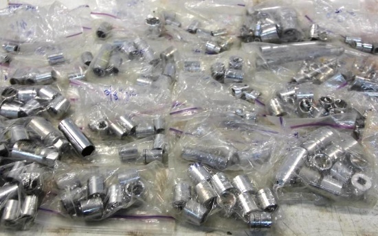 Huge Collection of Sockets in Bags Labeled 3/8" DR