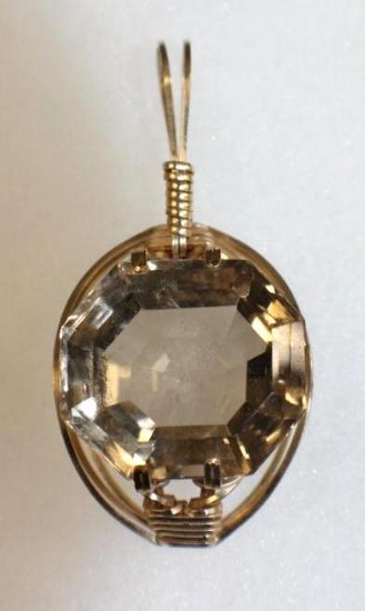 Large Wire-Wrapped Gold and Crystal Pendant