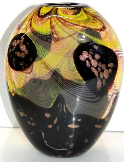 Beautiful Copper and Yellow Swirled Glass Vase