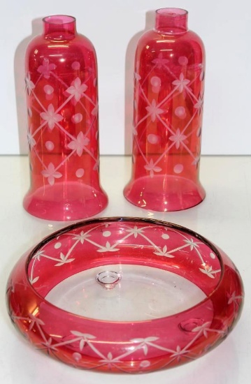 Three Pieces Red and Clear Cut Glass