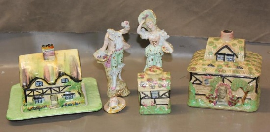 Collection of Ceramic House Boxes and Porcelain Figures