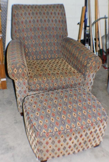 Upholstered Ethan Allen Arm Chair and Foot Stool Set