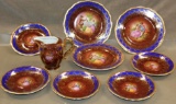 9 Pieces Cobalt and Gold Haviland Bavaria China with Fragonard Painted Images