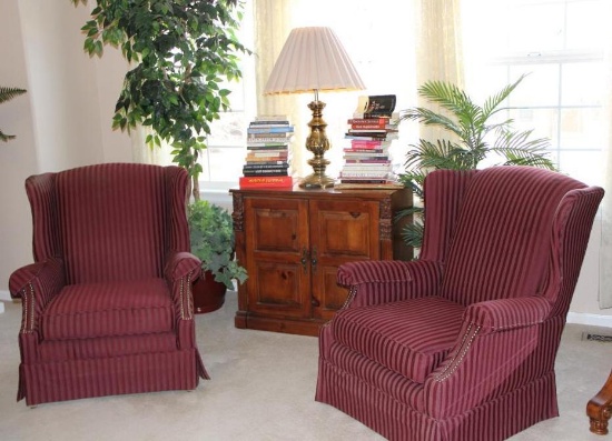 Pair of Upholstered Wing-Back Chairs and Artificial Plants