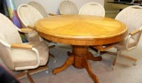 Round Wood Poker Table with 6 Upholstered Rolling Chairs
