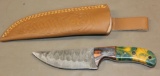 Custom Damascus Pattern Hunting Knife in Sheath