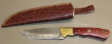 Custom Damascus Pattern Hunting Knife in Sheath
