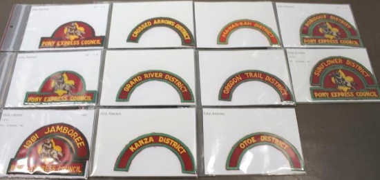 Collection of Pony Express Council Patches with 6 Additional District Name Patches