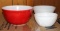 Pyrex No. 402 1.5 Quart Red Mixing Bowl and Two Small White Oven Ware Bowls