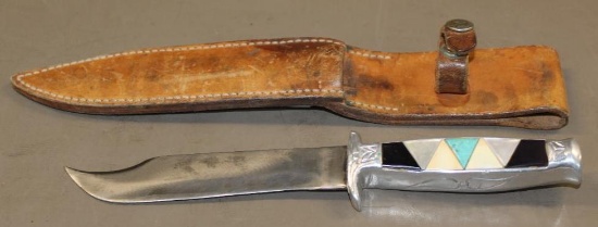 Unique Hunting Knife with Inlay Handle and Sheath