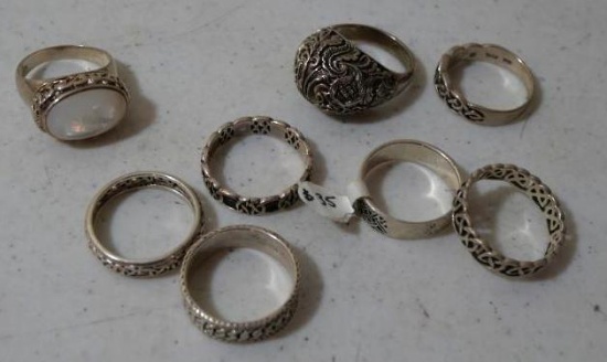 Eight Sterling Rings Size 12