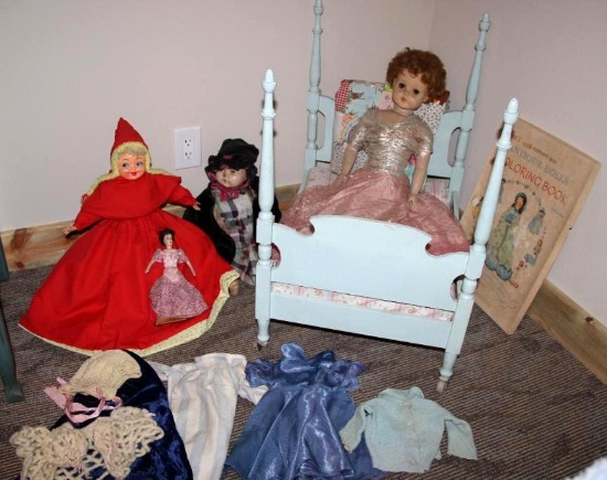 Four Antique Dolls with Wood Bed and Extra Clothes