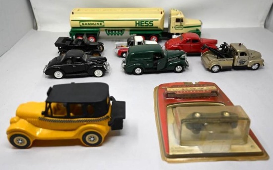 Six 1/34 Scale Model Cars & Hess Truck