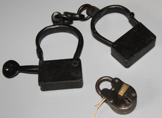 Great Old-Style Iron Handcuffs and Padlock