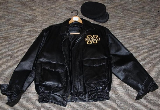 Black Leather US Navy Motorcycle Jacket and Hat