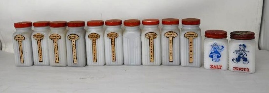 Milk Glass Spice Jars with Salt & Pepper Shaker Set