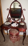 Gorgeous Antique Wood Vanity with Mirror and Stool