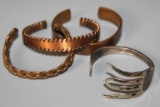 Three Copper Cuff Bracelets and Silver-Plated Fork Bracelet