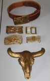 Five Belt Buckles and Brass Bison Skull